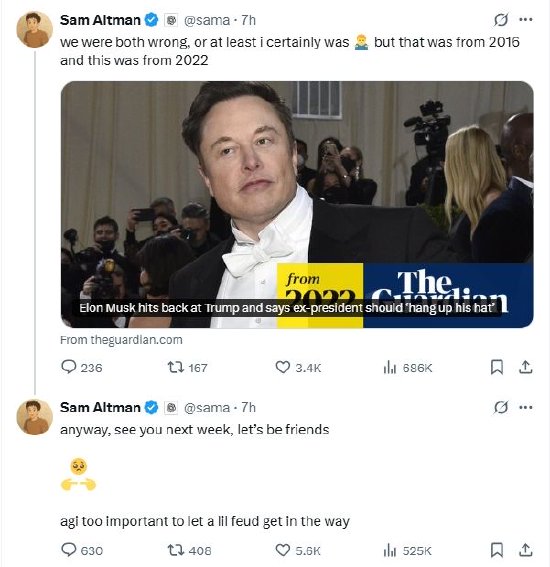 配资技巧网站 奥特曼向马斯克示好：让我们做朋友吧，AGI太重要了，别让小恩怨妨碍我们